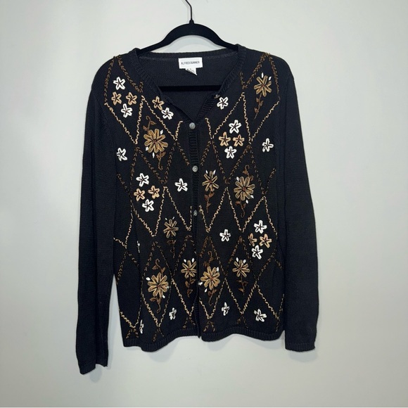 Alfred Dunner Sweaters - Alfred Dunner Cardigan Sweater Black Floral Embroidered Knit Button Front Size M